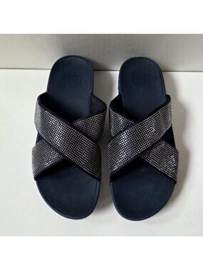 FitFlop Sandals 10 Navy Blue Lulu Glitterball Bling Criss Cross Comfort Slides
